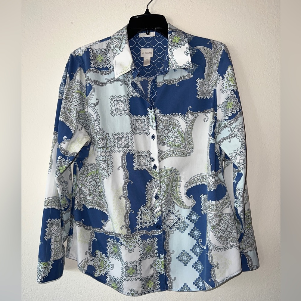 Chicos size 2, Paisley Button-Front, Long Sleeve Multicolor Blouse, no iron